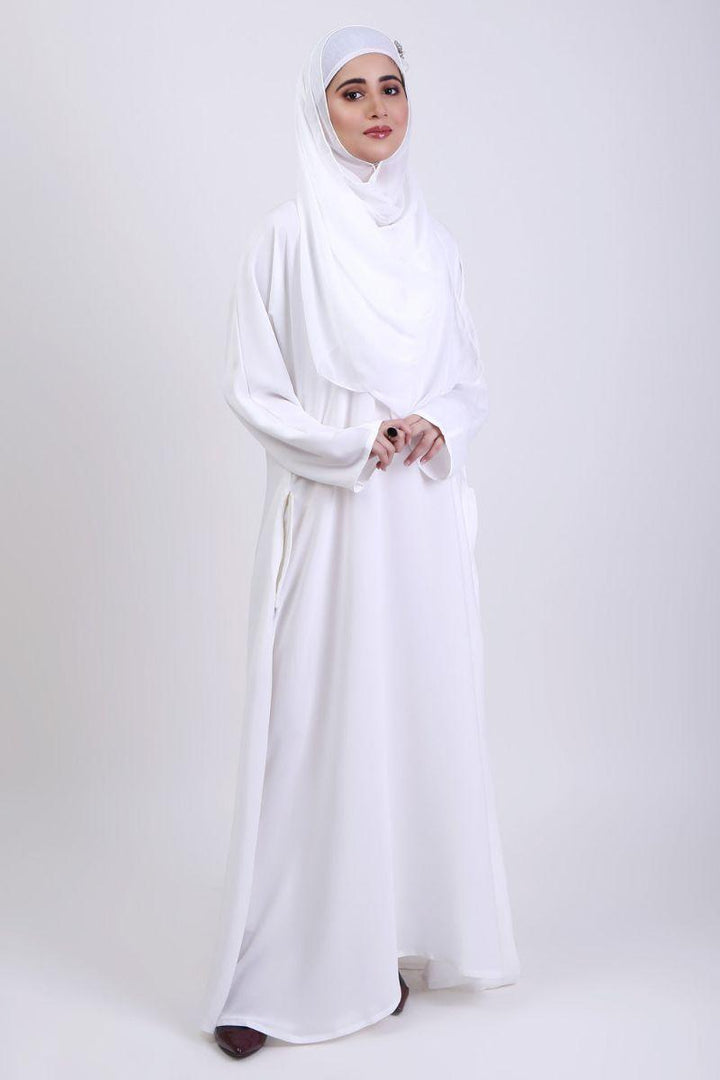 Abaya.pk - White Basic Front-Closed Abaya & Hijab- Chiffon & Nada Fabric