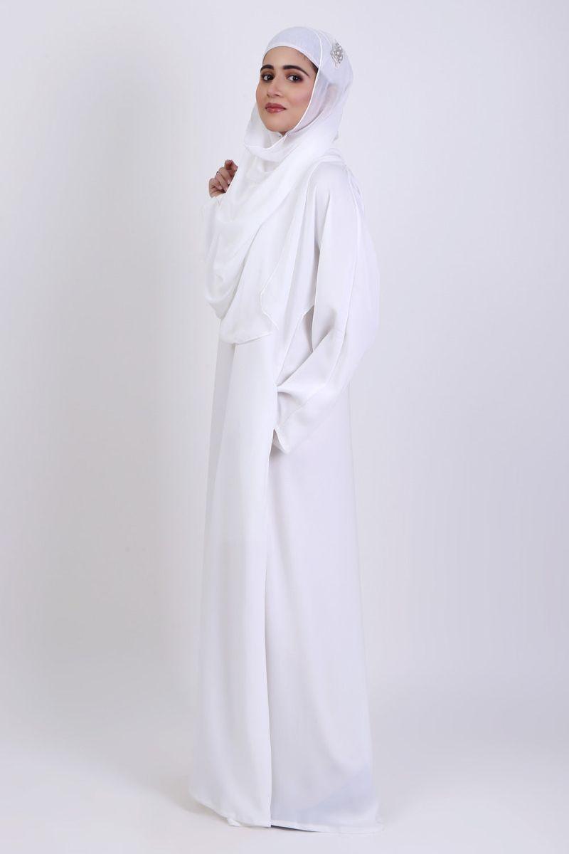 Abaya.pk - White Basic Front-Closed Abaya & Hijab- Chiffon & Nada Fabric