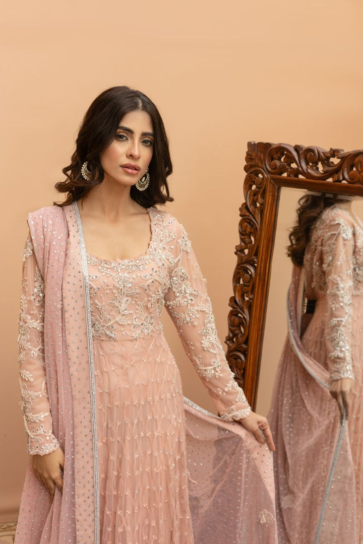 Khayal by Shaista Hasan - Blush Pishwas - French Net - 3 Piece