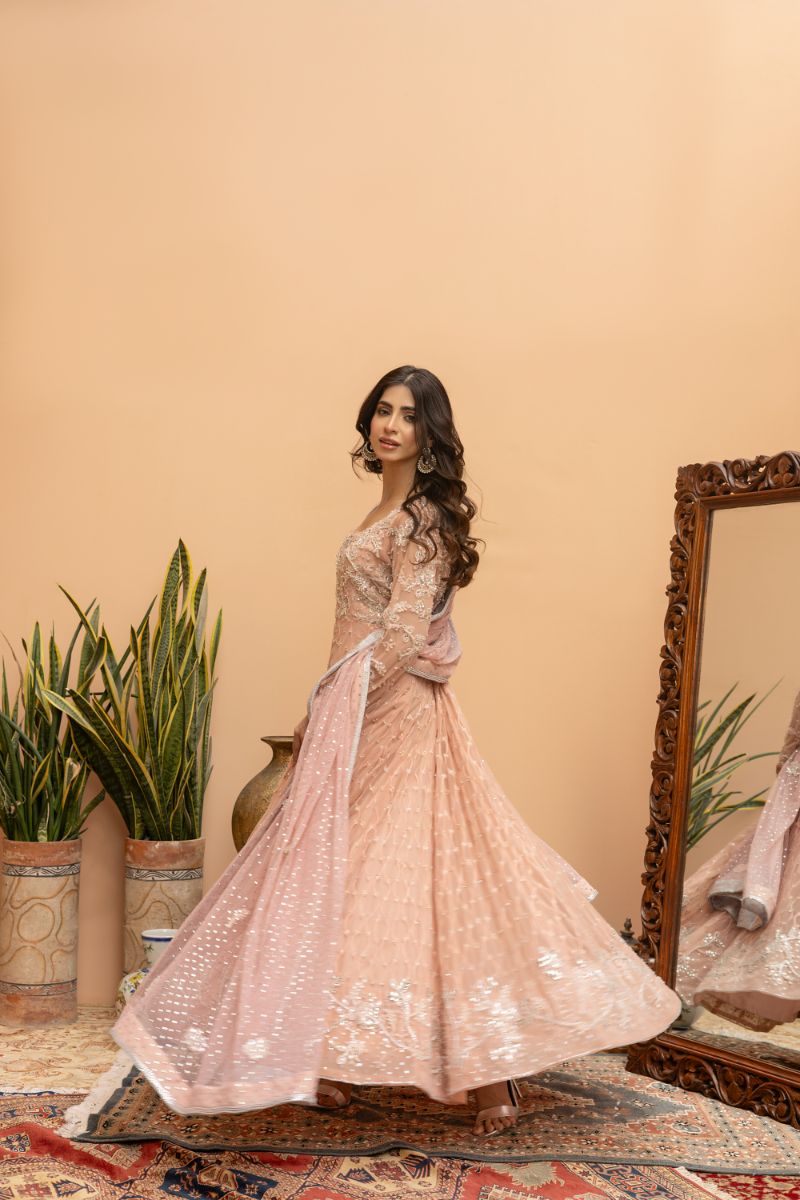 Khayal by Shaista Hasan - Blush Pishwas - French Net - 3 Piece