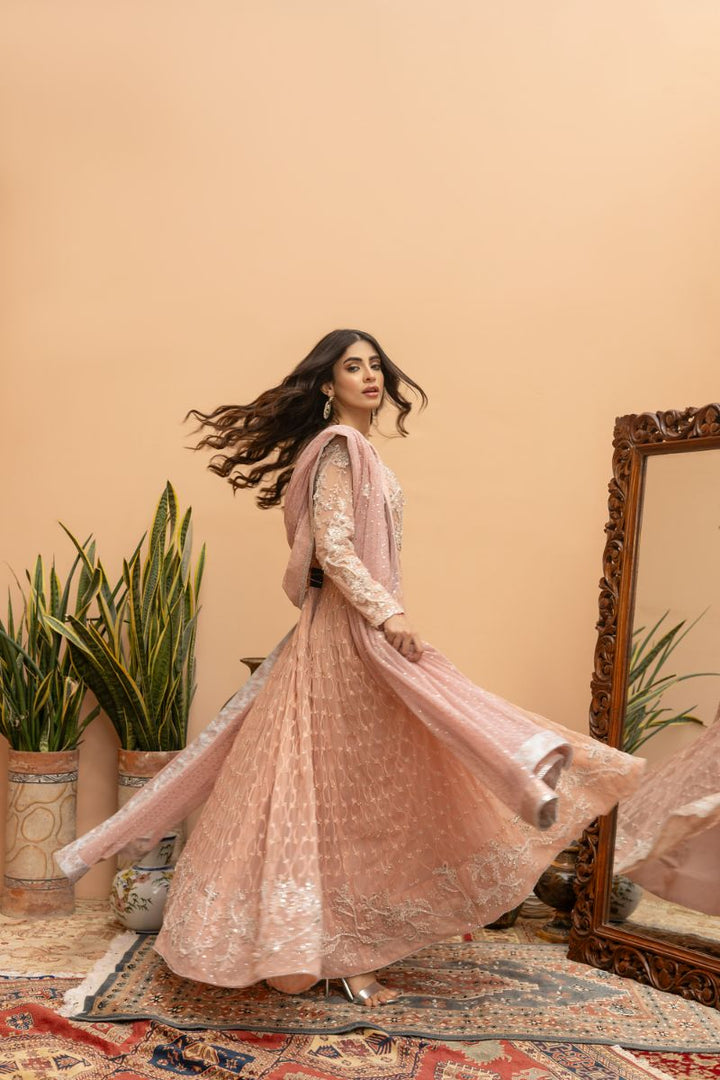 Khayal by Shaista Hasan - Blush Pishwas - French Net - 3 Piece