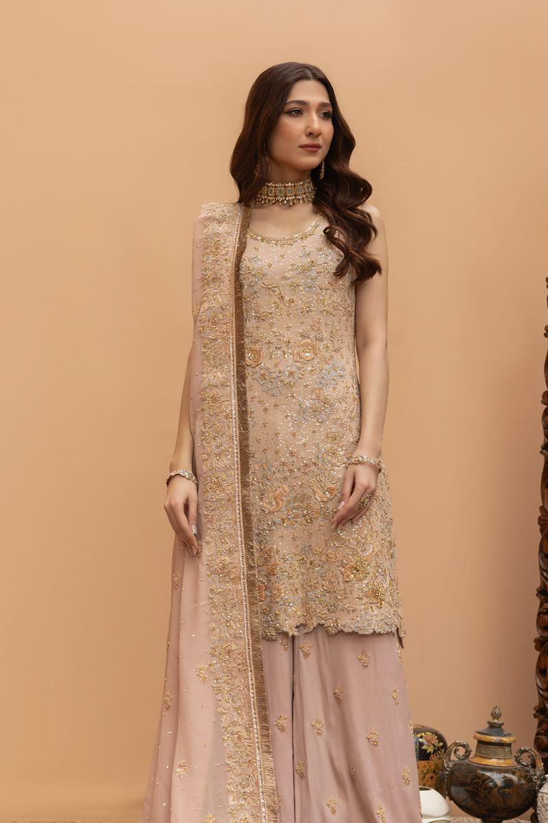 Khayal by Shaista Hasan - Blushing Rose Ensemble - Raw Silk & Chiffon Dupatta - 3 Piece