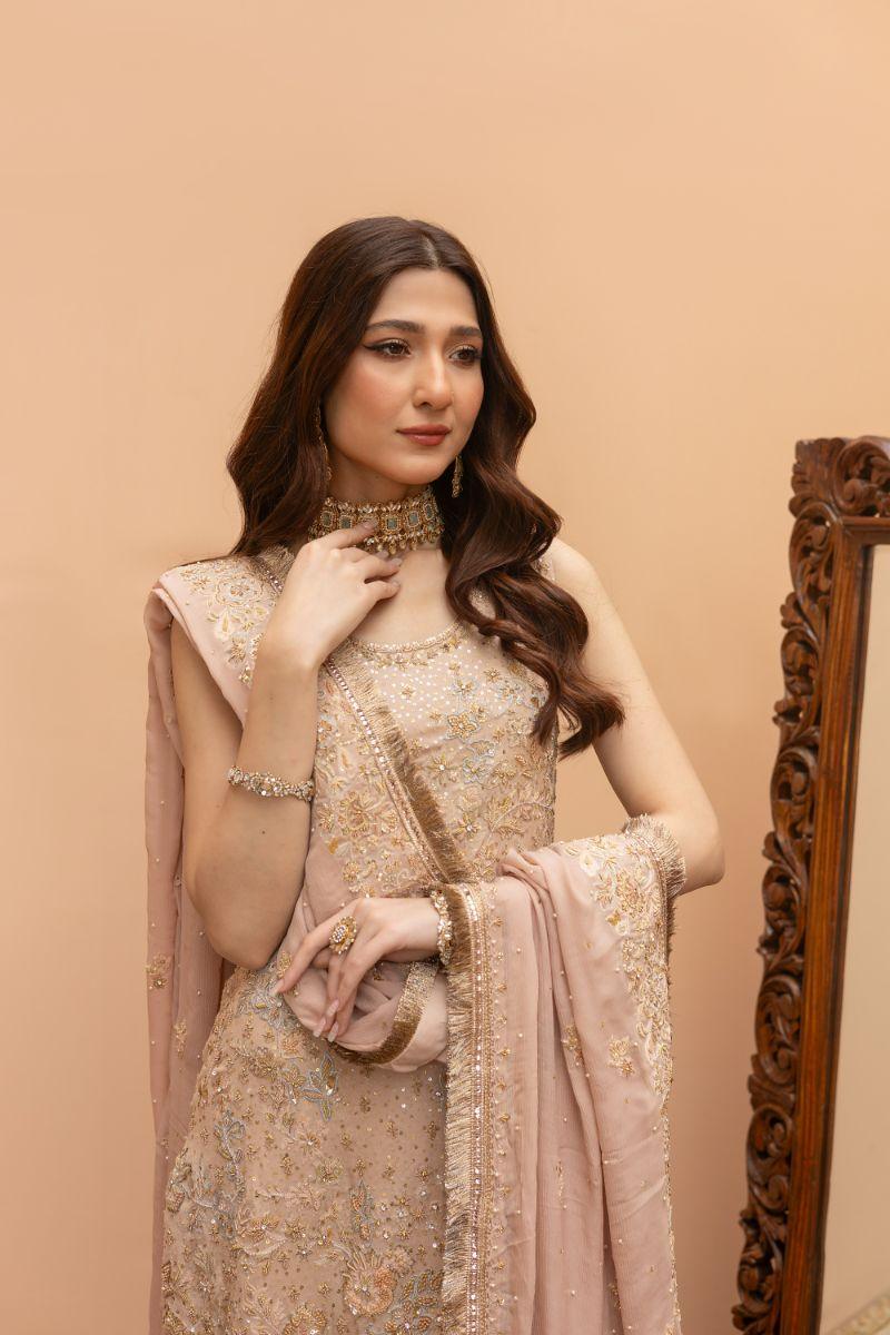 Khayal by Shaista Hasan - Blushing Rose Ensemble - Raw Silk & Chiffon Dupatta - 3 Piece