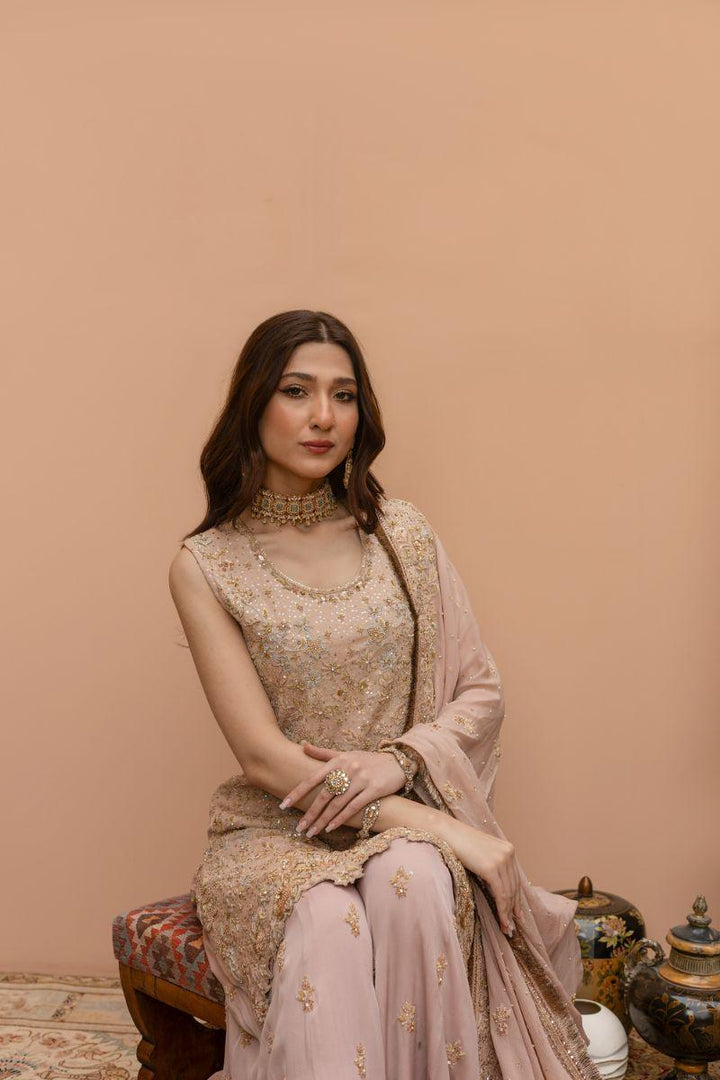 Khayal by Shaista Hasan - Blushing Rose Ensemble - Raw Silk & Chiffon Dupatta - 3 Piece