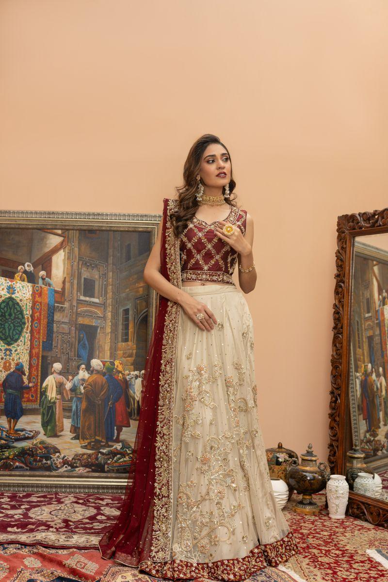 Khayal by Shaista Hasan - Gilded Crimson - Maroon - Silk & Net Dupatta - 3 Piece