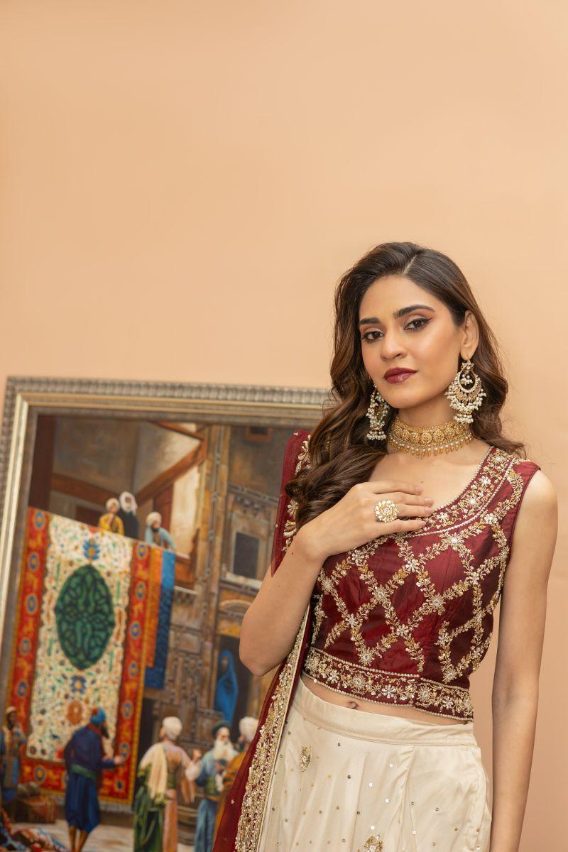 Khayal by Shaista Hasan - Gilded Crimson - Maroon - Silk & Net Dupatta - 3 Piece