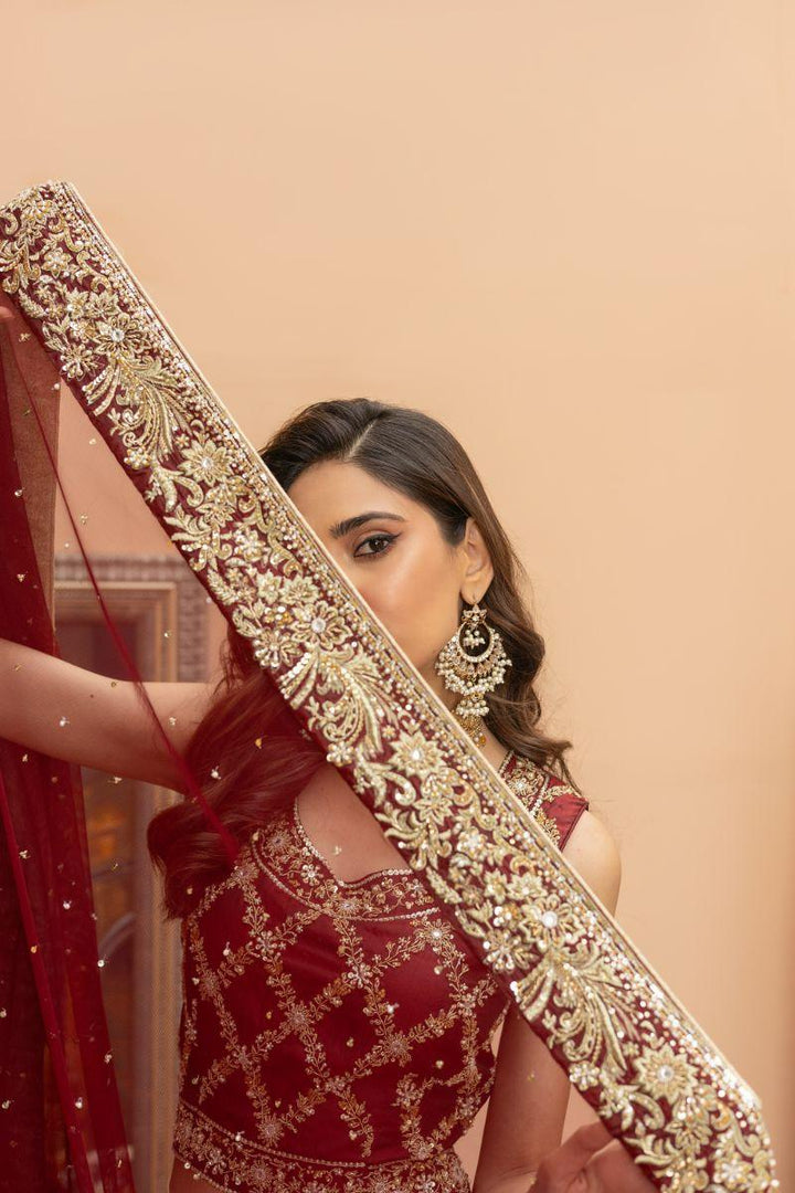 Khayal by Shaista Hasan - Gilded Crimson - Maroon - Silk & Net Dupatta - 3 Piece