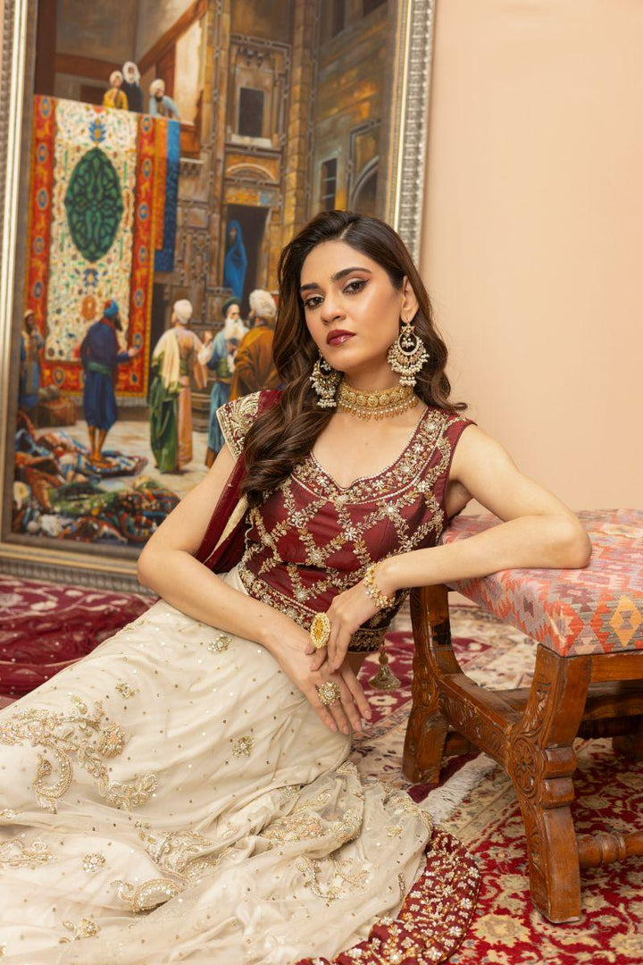 Khayal by Shaista Hasan - Gilded Crimson - Maroon - Silk & Net Dupatta - 3 Piece