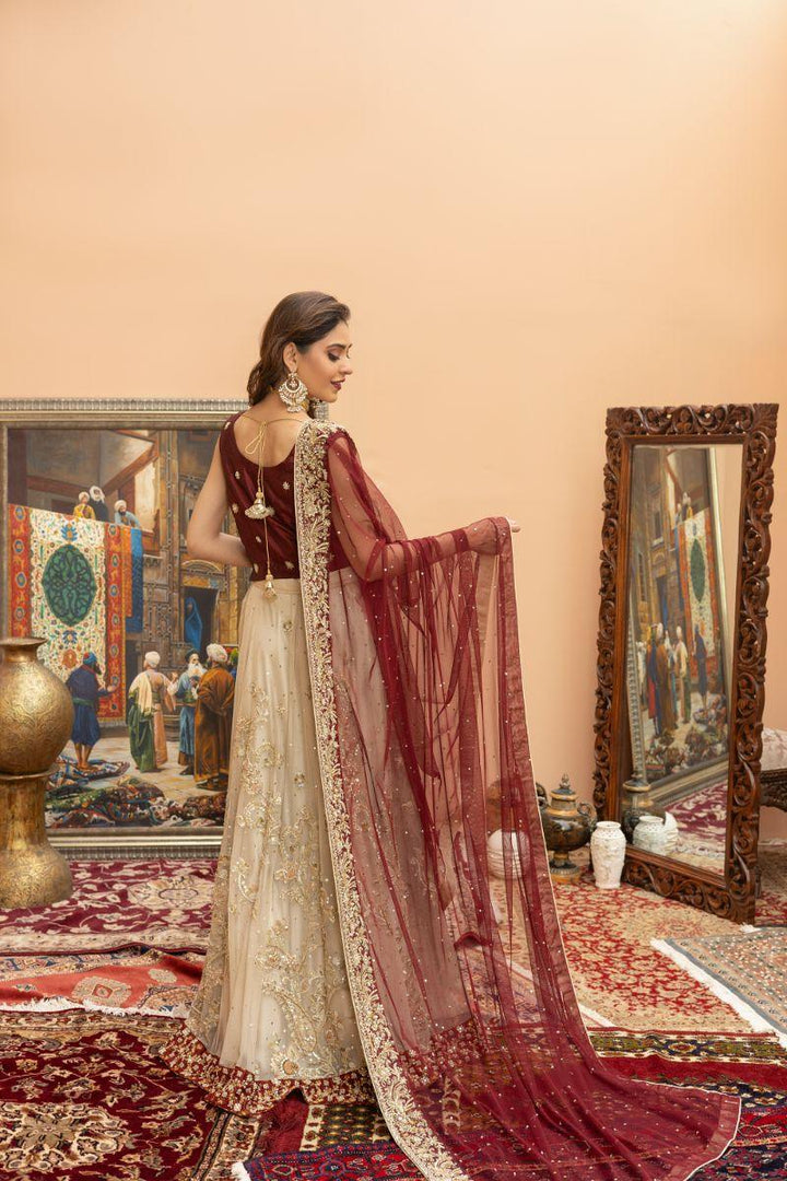 Khayal by Shaista Hasan - Gilded Crimson - Maroon - Silk & Net Dupatta - 3 Piece