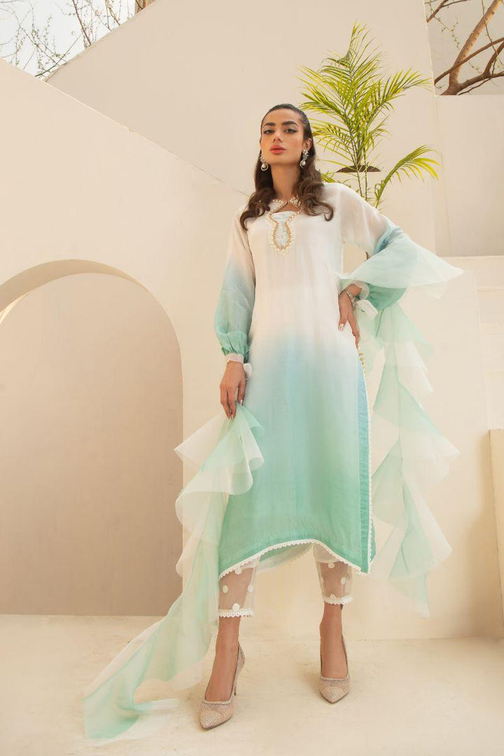 Leon - ELENA - Tissue Silk - White, Aqua & Sea Green