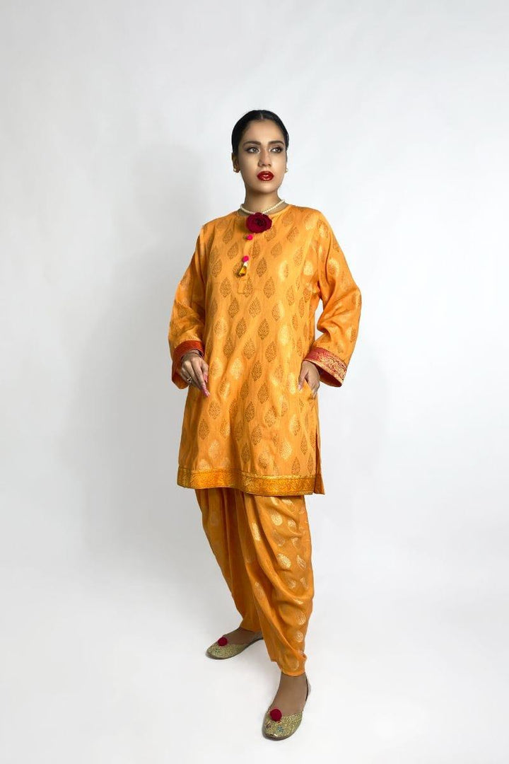 Gulabo - Saffron Gold Kurta & Shalwar - Cotton Banarsi Lawn 2 Piece Suit - Studio by TCS