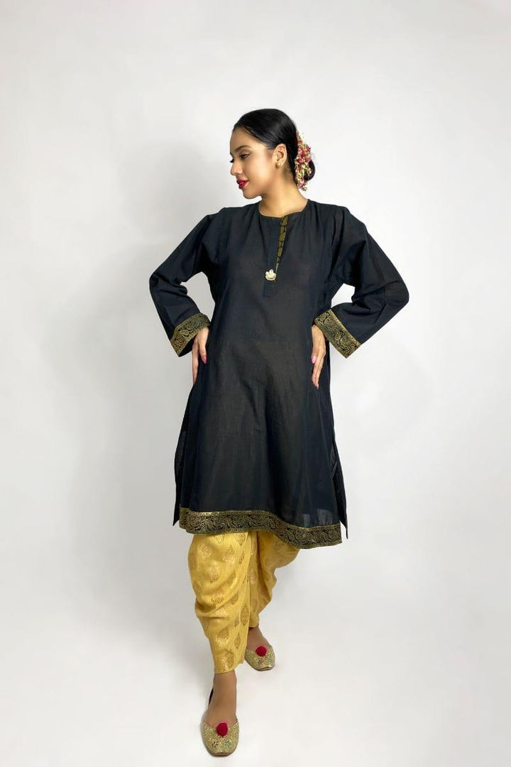 Gulabo - Black Gold Khaddar Lawn Kurta & Gold Cotton Lawn Shalwar - 2 Piece Suit - Studio by TCS