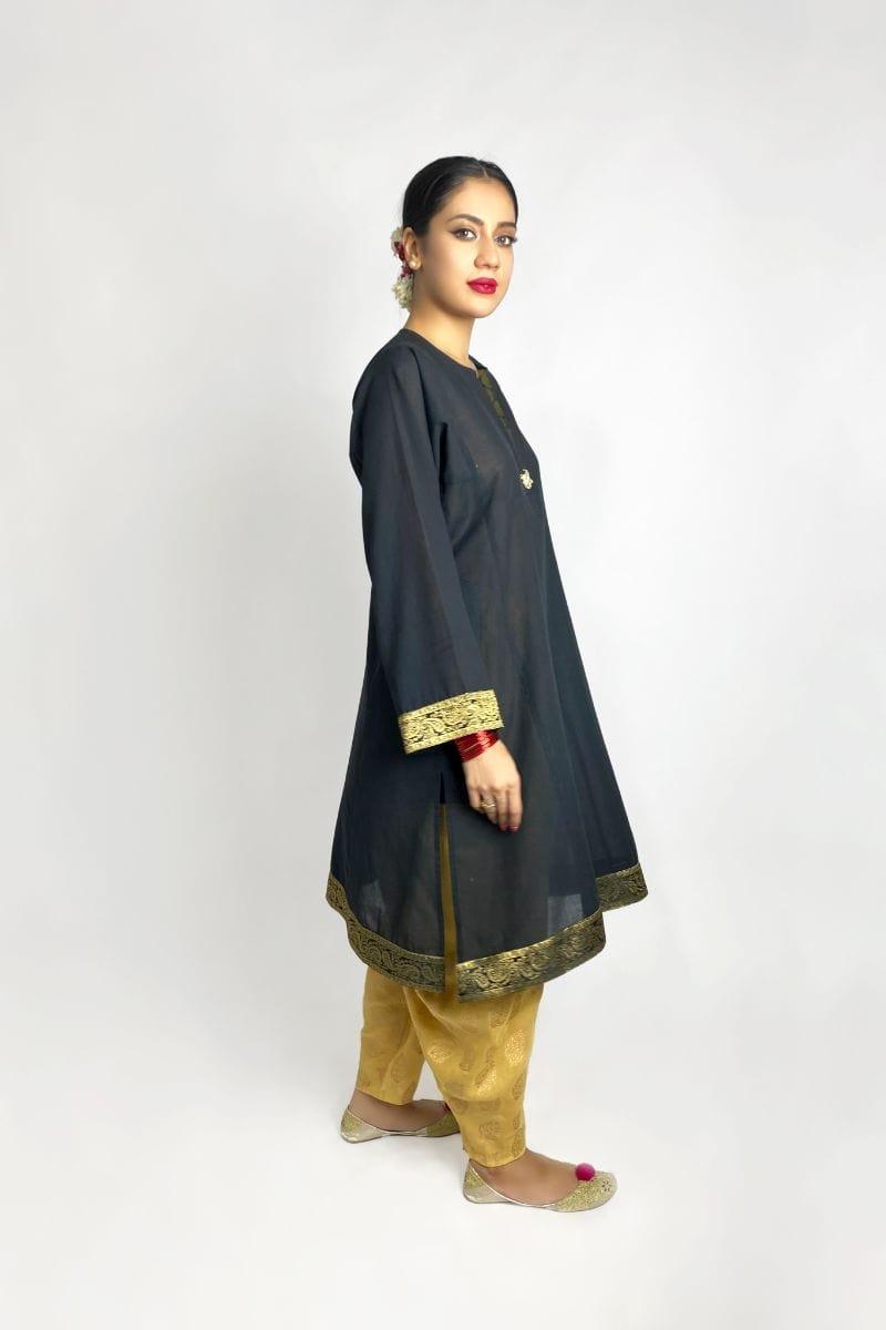 Gulabo - Black Gold Khaddar Lawn Kurta & Gold Cotton Lawn Shalwar - 2 Piece Suit - Studio by TCS