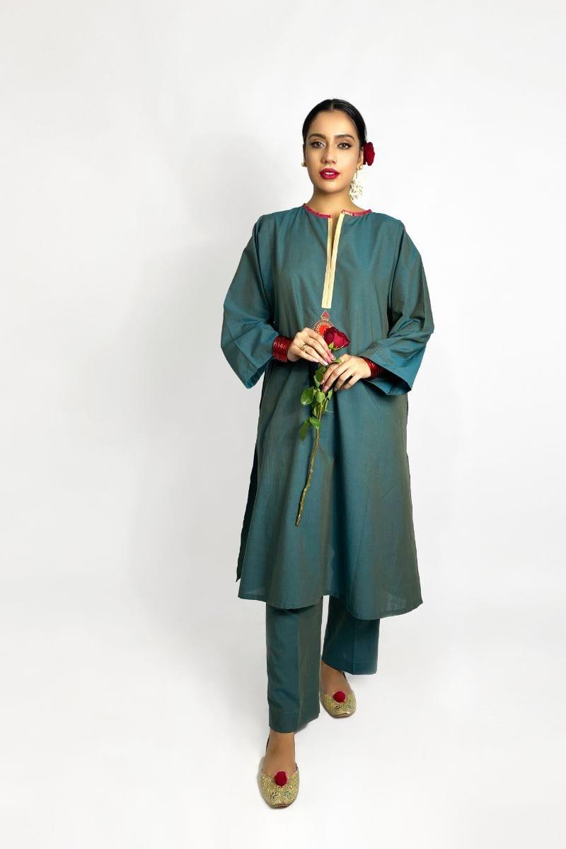 Gulabo - Jade long kurta & Pant - Green Khaddar 2 Piece Suit - Studio by TCS