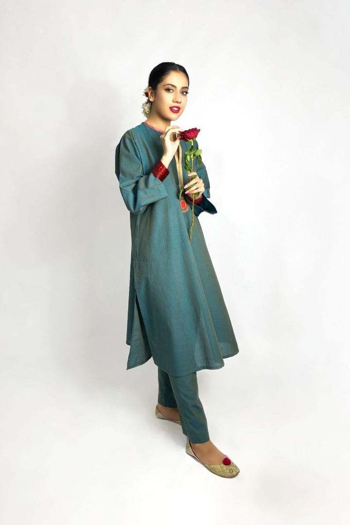 Gulabo - Jade long kurta & Pant - Green Khaddar 2 Piece Suit - Studio by TCS