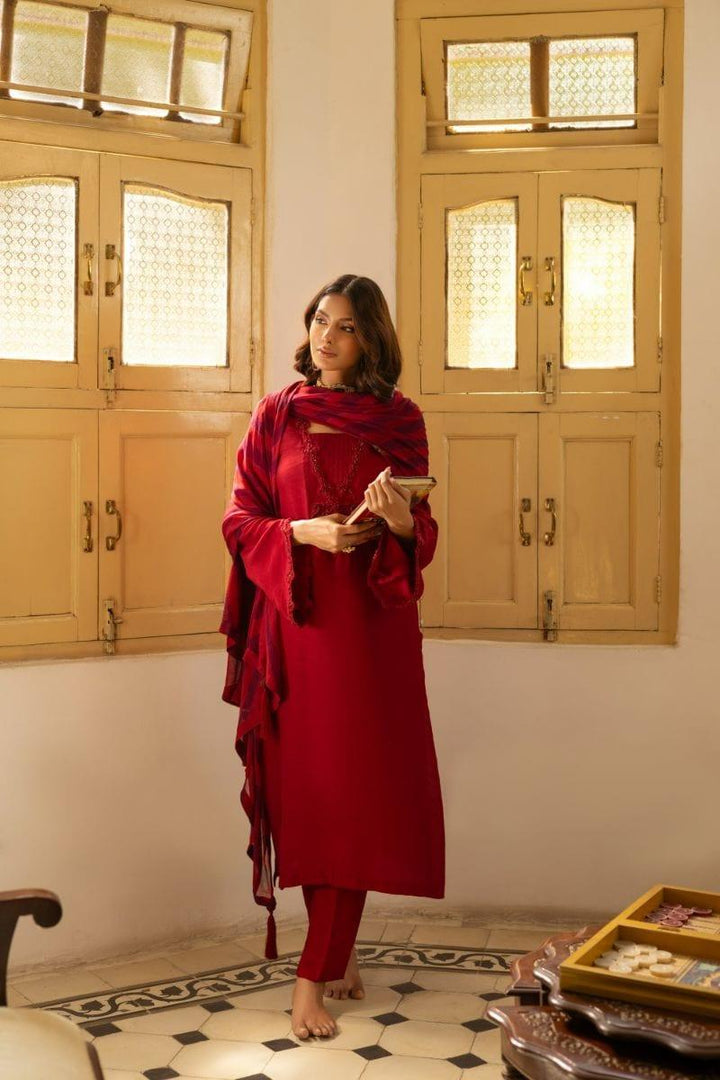 Insia Sohail - Marjan - Deep Red - 3 Piece - Chiffon - Studio by TCS