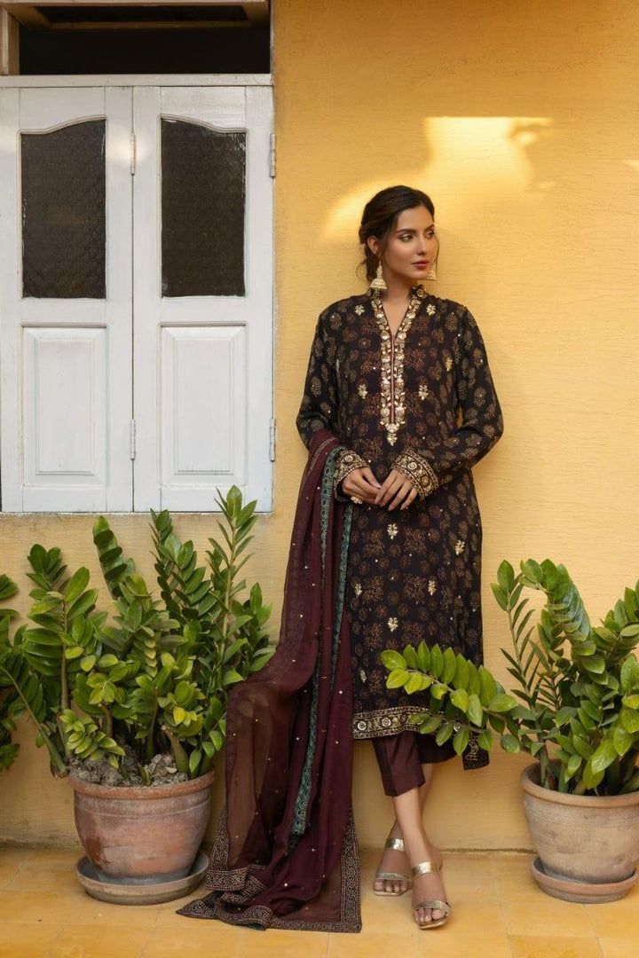 Insia Sohail - Ajrak Kurta - Earthly brown - 3 Piece - Chiffon - Studio by TCS