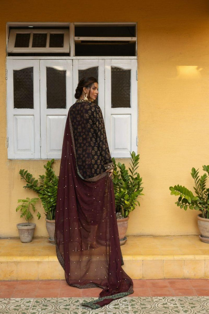 Insia Sohail - Ajrak Kurta - Earthly brown - 3 Piece - Chiffon - Studio by TCS