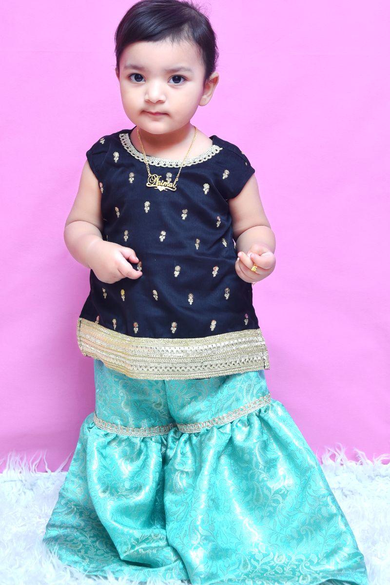 Mom4Little - Ferozi and Black - Chiffon and Banarsi - 3 Piece