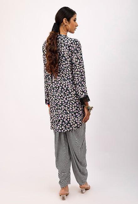 Gulabo - Cowl Shalwar Monochrome Stripe - Bosky Lawn