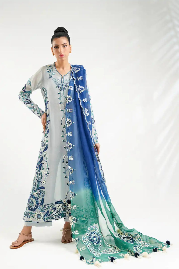 Sania Maskatiya - Jaya - Khaddi Corduroy, Pure Rawsilk & Organza - Sky Blue - Shirt, Culottes & Dupatta - 3 Piece