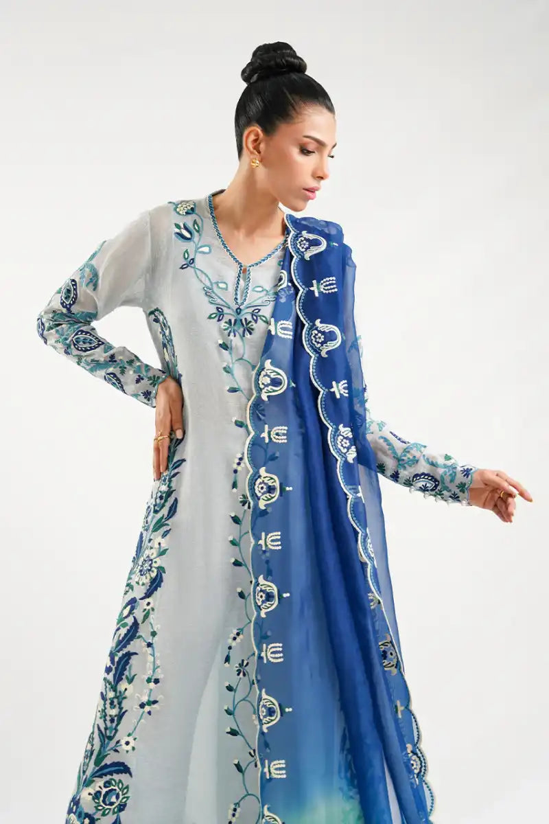 Sania Maskatiya - Jaya - Khaddi Corduroy, Pure Rawsilk & Organza - Sky Blue - Shirt, Culottes & Dupatta - 3 Piece