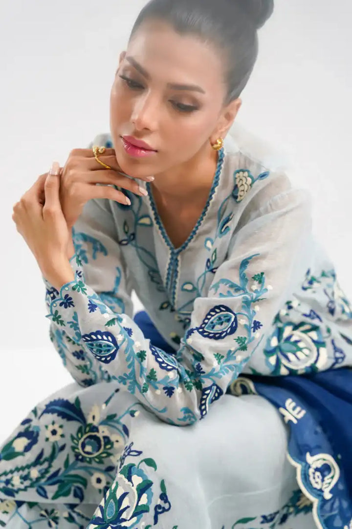 Sania Maskatiya - Jaya - Khaddi Corduroy, Pure Rawsilk & Organza - Sky Blue - Shirt, Culottes & Dupatta - 3 Piece