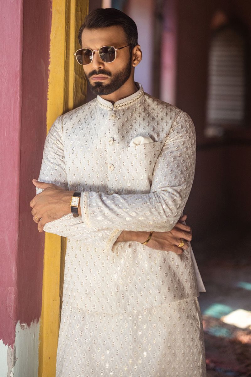 Deepak Perwani  - Mof1932 & Jkt1436 - White - Raw Silk - 3 Piece