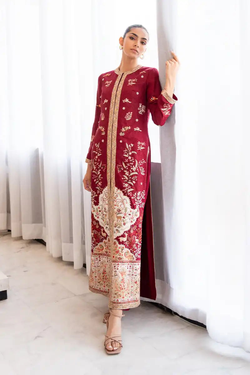 Sania Maskatiya - Juna - Self Jamawar & Khaddi Silk - Crimson - Jacket & Trousers - 2 Piece