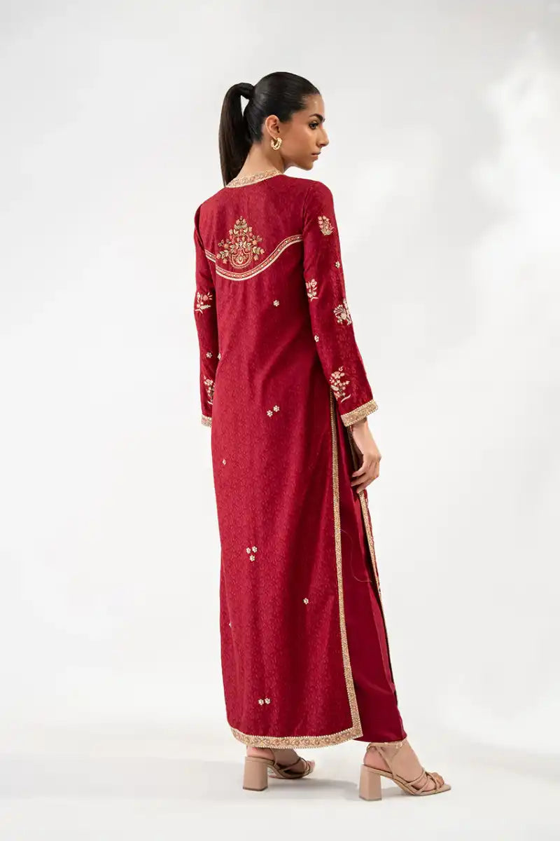 Sania Maskatiya - Juna - Self Jamawar & Khaddi Silk - Crimson - Jacket & Trousers - 2 Piece