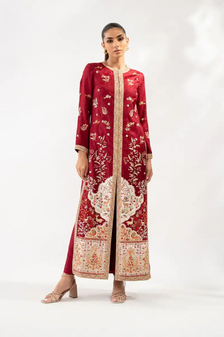 Sania Maskatiya - Juna - Self Jamawar & Khaddi Silk - Crimson - Jacket & Trousers - 2 Piece