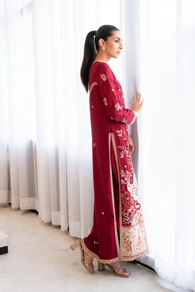 Sania Maskatiya - Juna - Self Jamawar & Khaddi Silk - Crimson - Jacket & Trousers - 2 Piece