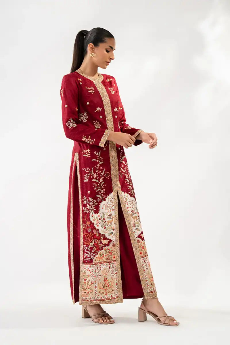 Sania Maskatiya - Juna - Self Jamawar & Khaddi Silk - Crimson - Jacket & Trousers - 2 Piece