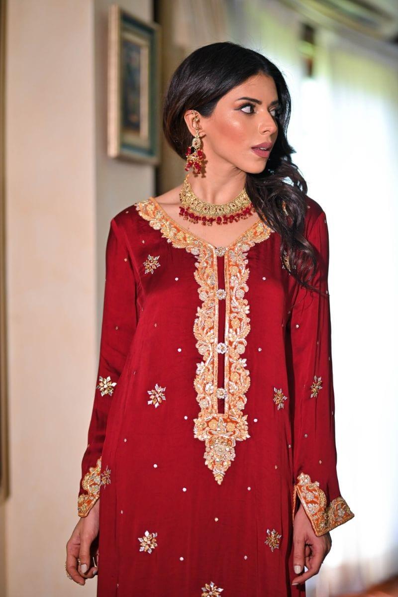 Khayal BY SHAISTA HASSAN - Deep Red Shamoos silk shirt & Izaar - 3 Piece - Studio by TCS