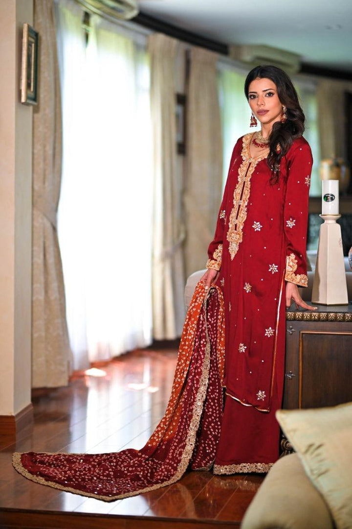 Khayal BY SHAISTA HASSAN - Deep Red Shamoos silk shirt & Izaar - 3 Piece - Studio by TCS