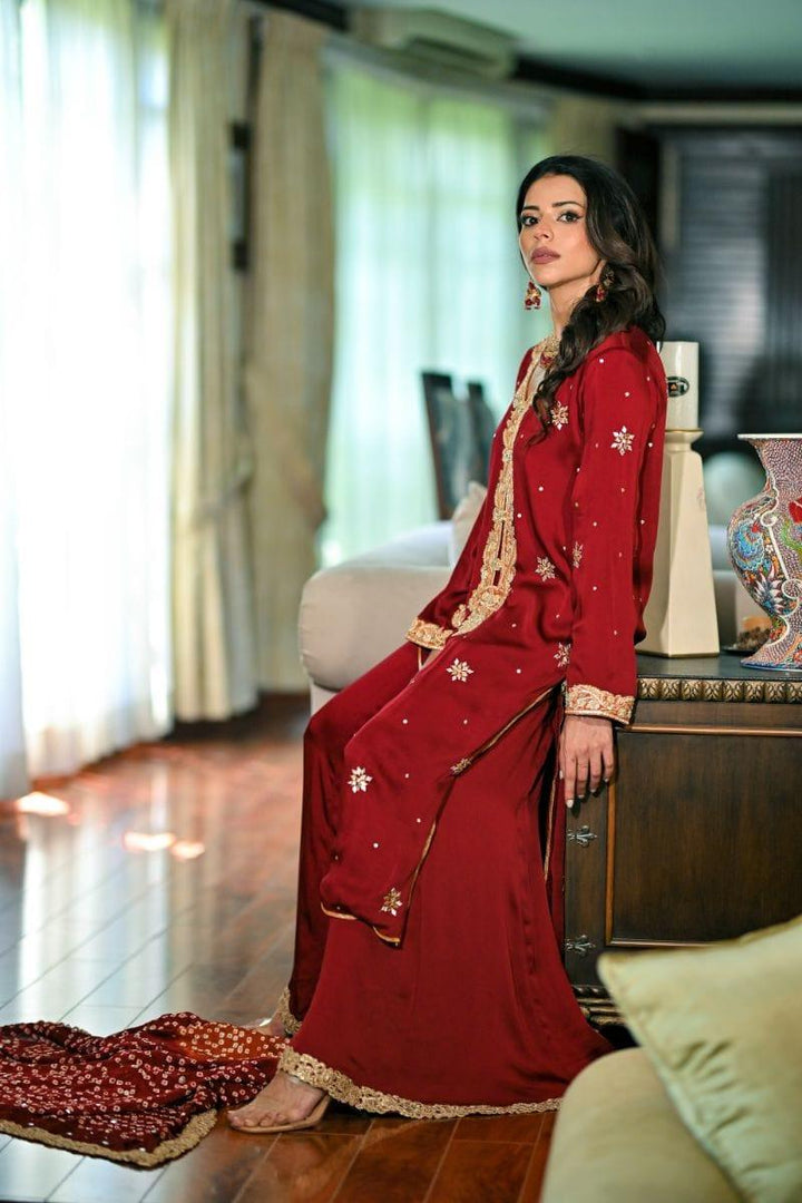 Khayal BY SHAISTA HASSAN - Deep Red Shamoos silk shirt & Izaar - 3 Piece - Studio by TCS