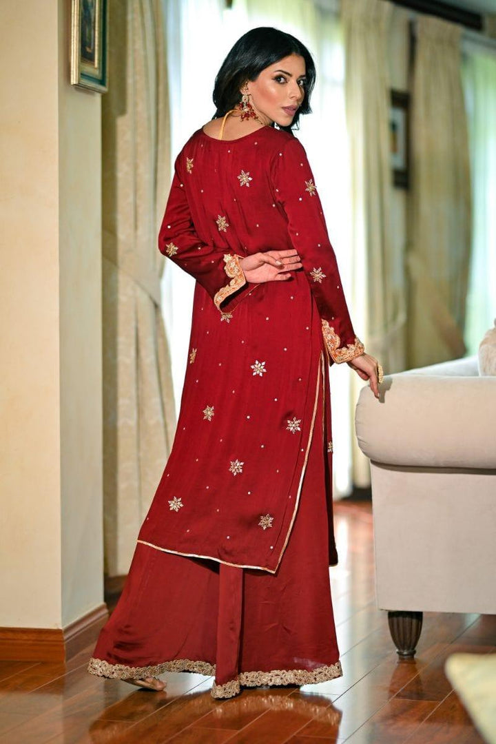 Khayal BY SHAISTA HASSAN - Deep Red Shamoos silk shirt & Izaar - 3 Piece - Studio by TCS