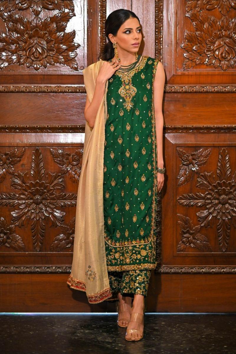 Khayal BY SHAISTA HASSAN - Emerald green in a pure jamawar long shirt - 3 Piece - Studio by TCS