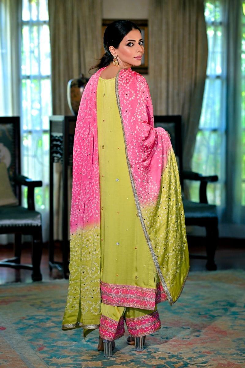 Khayal BY SHAISTA HASSAN - Lime green shamoos silk shirt and Izaar with Dupatta - 3 Piece - Studio by TCS