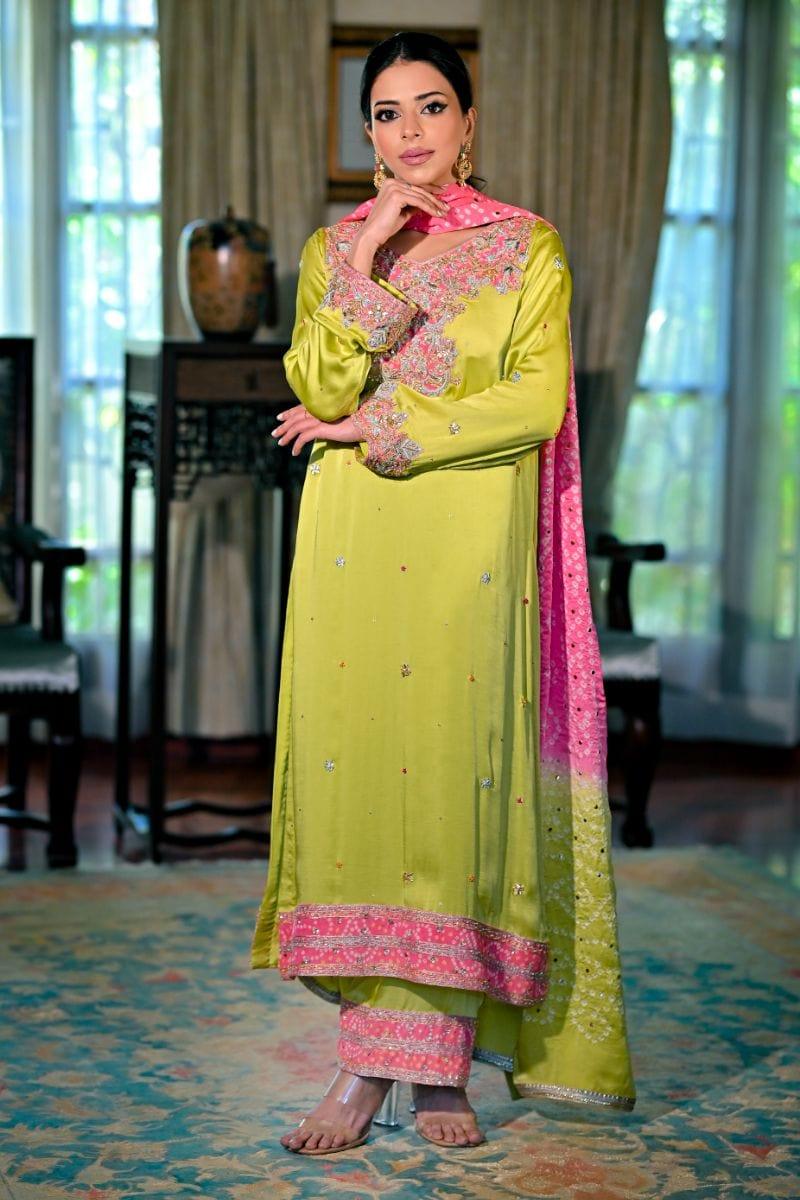 Khayal BY SHAISTA HASSAN - Lime green shamoos silk shirt and Izaar with Dupatta - 3 Piece - Studio by TCS