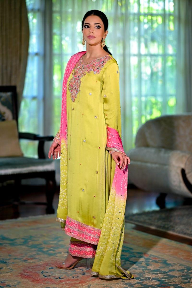 Khayal BY SHAISTA HASSAN - Lime green shamoos silk shirt and Izaar with Dupatta - 3 Piece - Studio by TCS