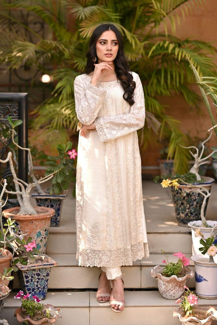 Khayal BY SHAISTA HASSAN - Off-white embroidered jaal net kalidar with pearls and sequins - 3 Piece - Studio by TCS