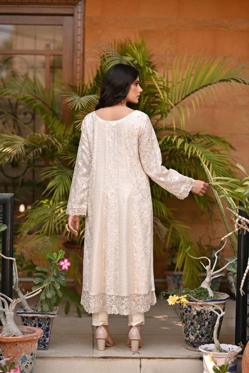 Khayal BY SHAISTA HASSAN - Off-white embroidered jaal net kalidar with pearls and sequins - 3 Piece - Studio by TCS