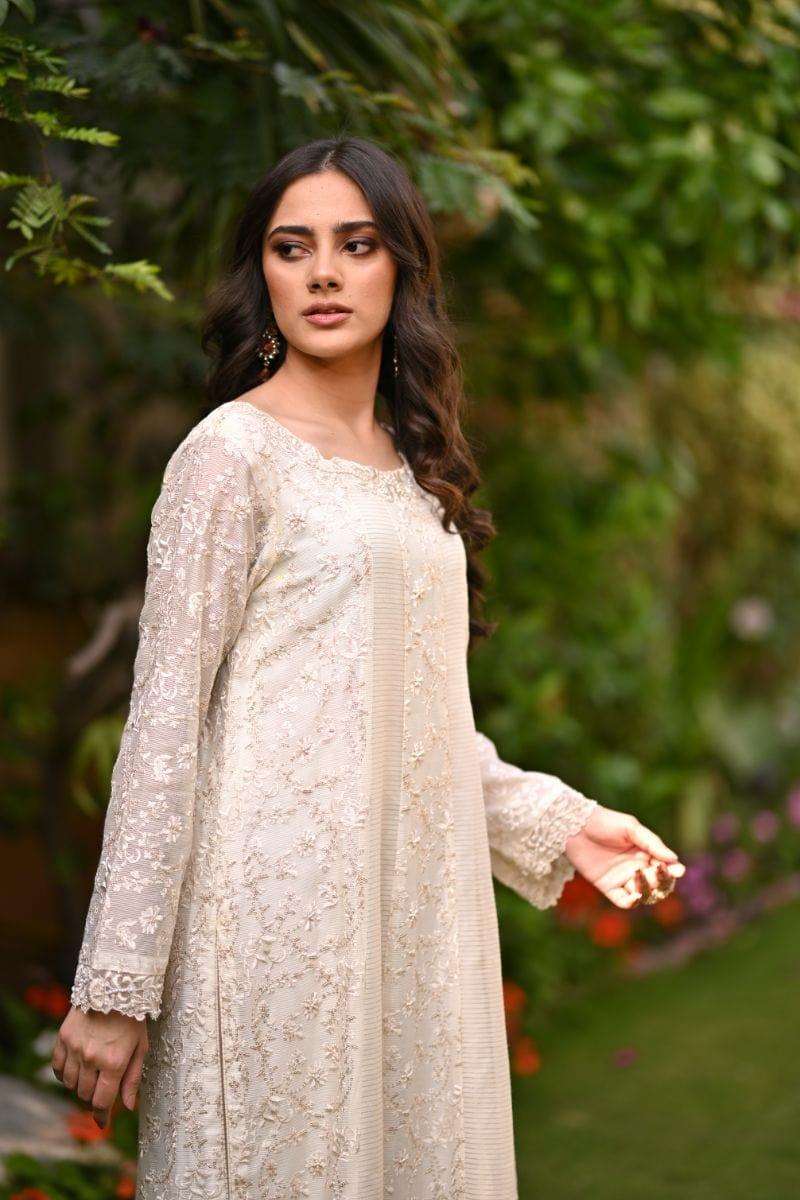 Khayal BY SHAISTA HASSAN - Off-white embroidered jaal net kalidar with pearls and sequins - 3 Piece - Studio by TCS