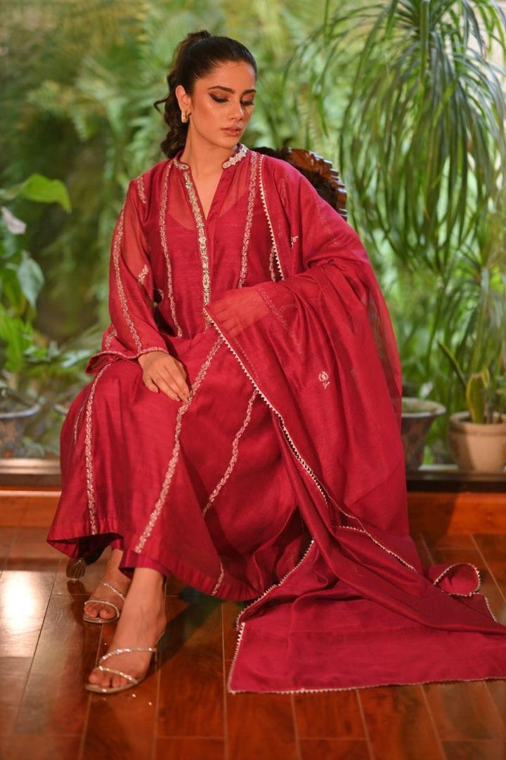 Khayal BY SHAISTA HASSAN - Magenta cotton-net kalidar with silver tilla work - 3 Piece - Studio by TCS