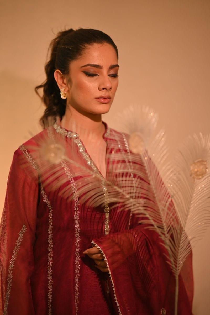 Khayal BY SHAISTA HASSAN - Magenta cotton-net kalidar with silver tilla work - 3 Piece - Studio by TCS