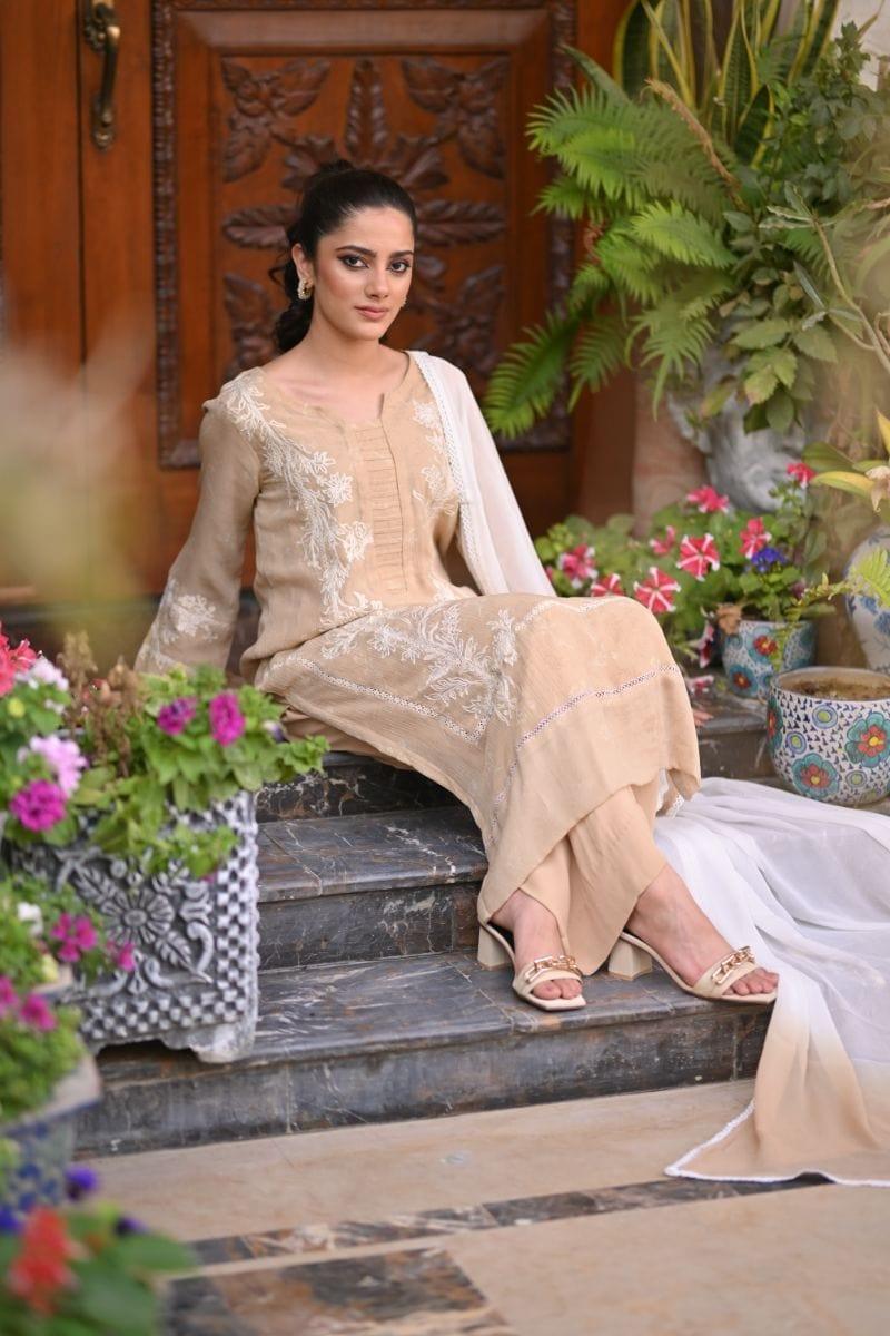 Khayal BY SHAISTA HASSAN - Deep Ivory georgette with Inner - 3 Piece - Studio by TCS