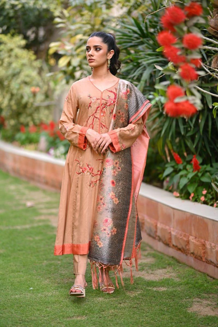 Khayal BY SHAISTA HASSAN - Dusty orange floral - Cotton silk - 3 Piece - Studio by TCS