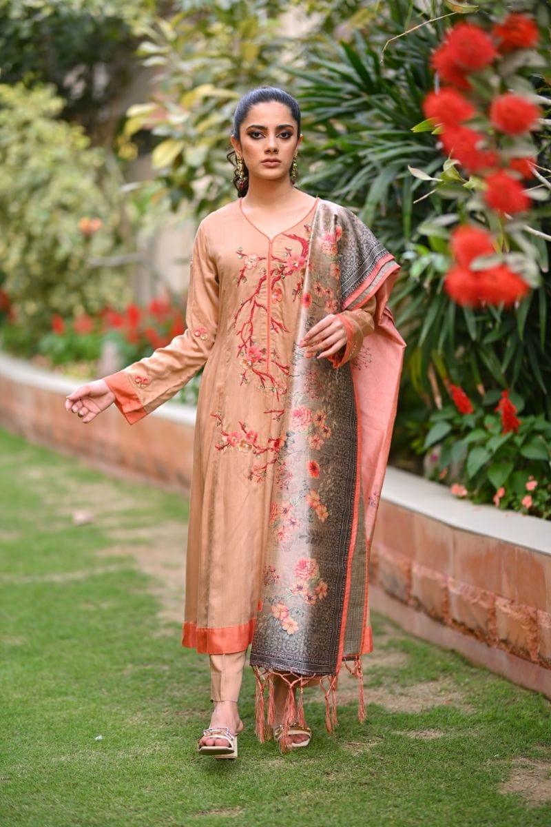 Khayal BY SHAISTA HASSAN - Dusty orange floral - Cotton silk - 3 Piece - Studio by TCS