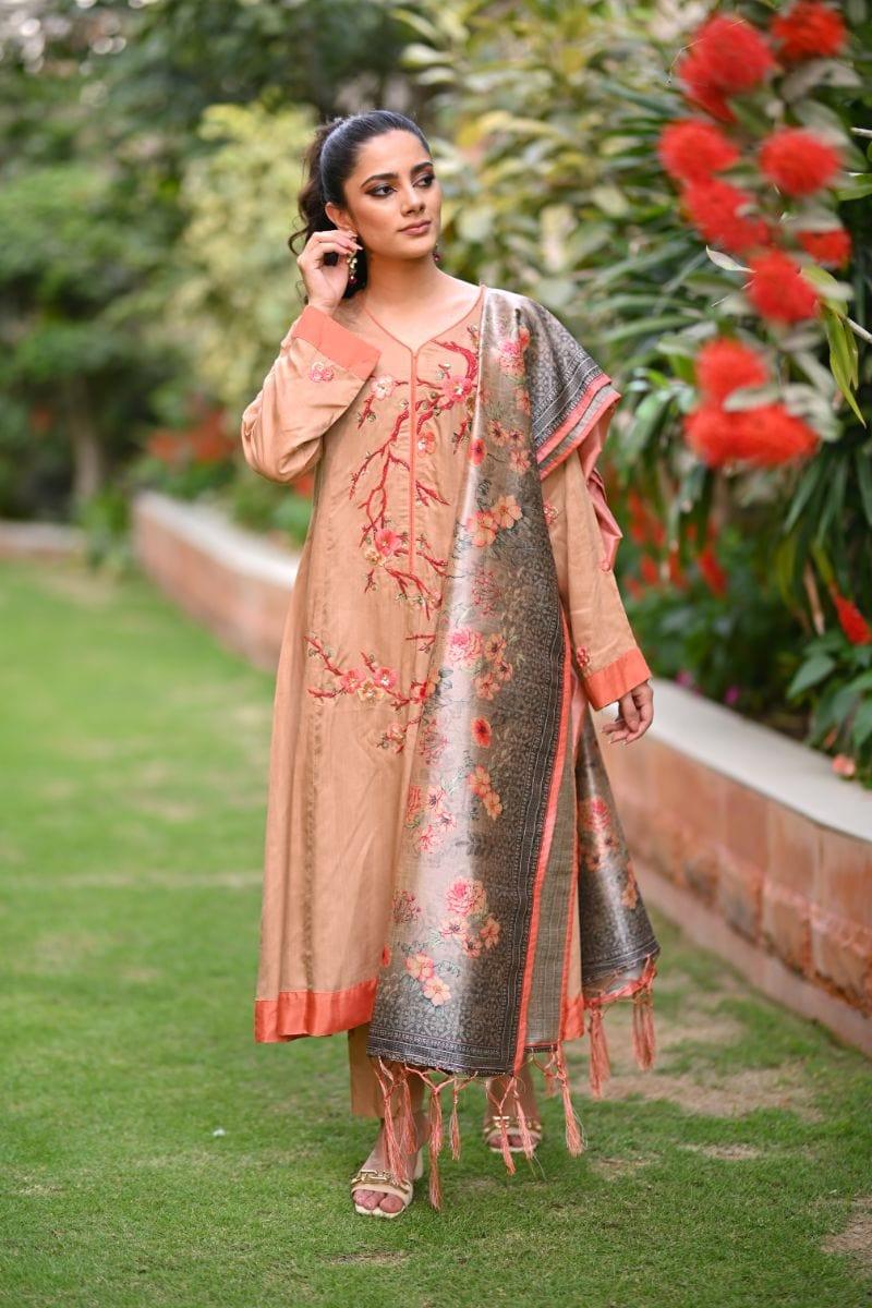 Khayal BY SHAISTA HASSAN - Dusty orange floral - Cotton silk - 3 Piece - Studio by TCS